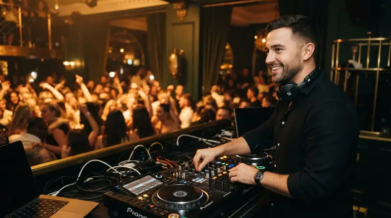 A DJ smiling at the crowd from behind the decks at a glamorous evening party