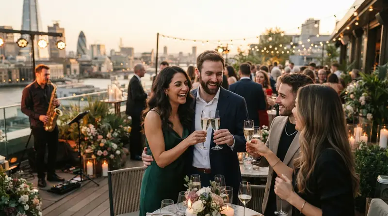 A couple toasting with friends at a rooftop engagement party at golden hour