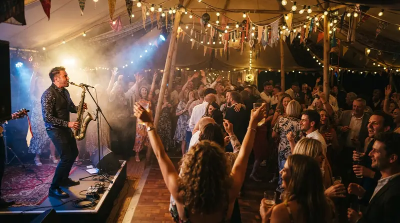 A saxophonist playing to a cheering crowd in a festoon-lit garden marquee at night