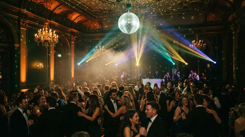 A ballroom with amber uplighting and moving head beams over a full dance floor