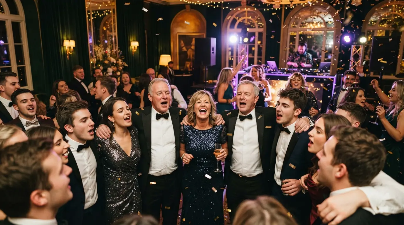 Guests of all ages singing along with arms around each other on a dance floor