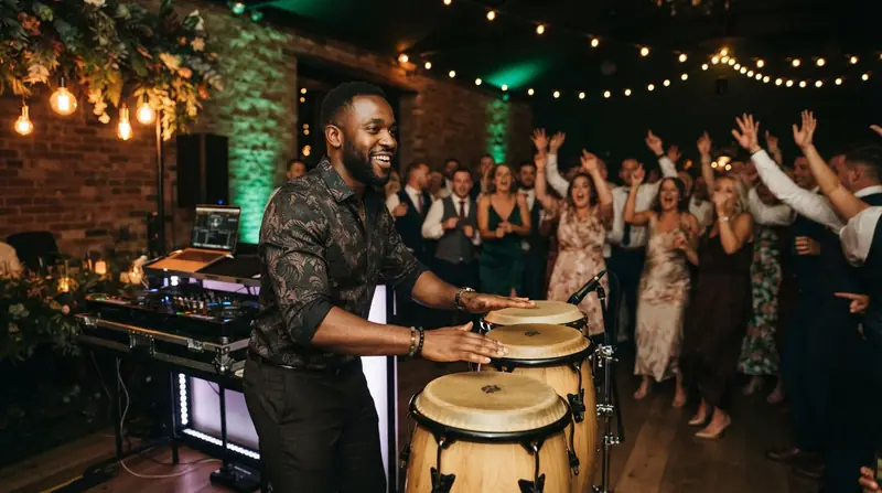 A percussionist playing congas beside the DJ booth as wedding guests dance