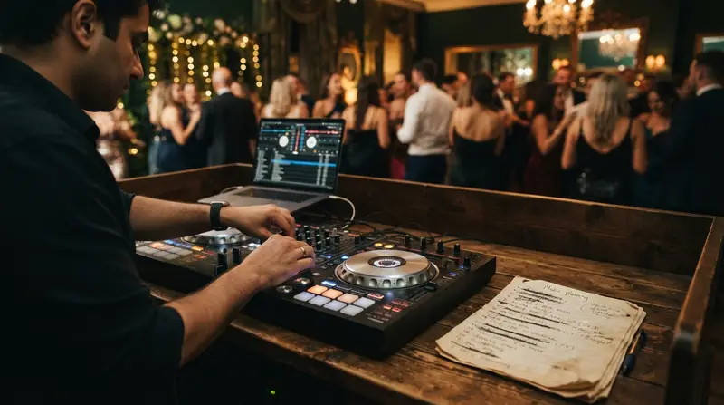 A DJ's hands on a controller beside a music planning sheet at an evening party