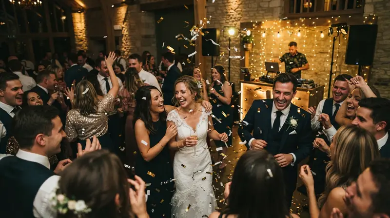 A bride and groom dancing with friends on a packed wedding dance floor