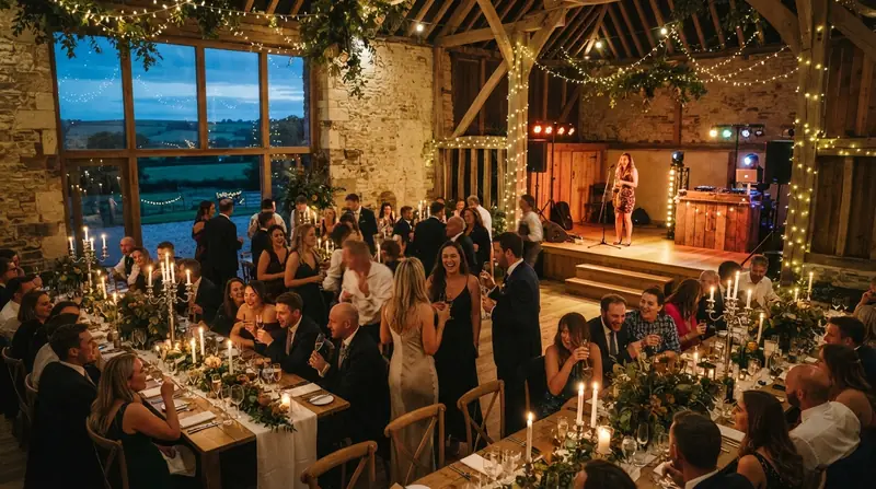 A candlelit barn wedding reception with a saxophonist and DJ booth at dusk